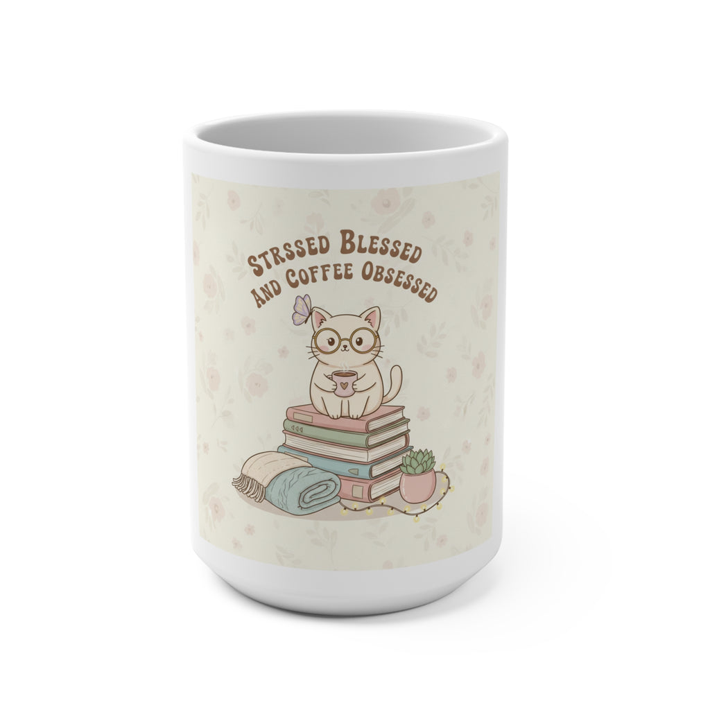 STRESSED BLESSED AND COFFEE OBSESSED Cat Mug 15oz