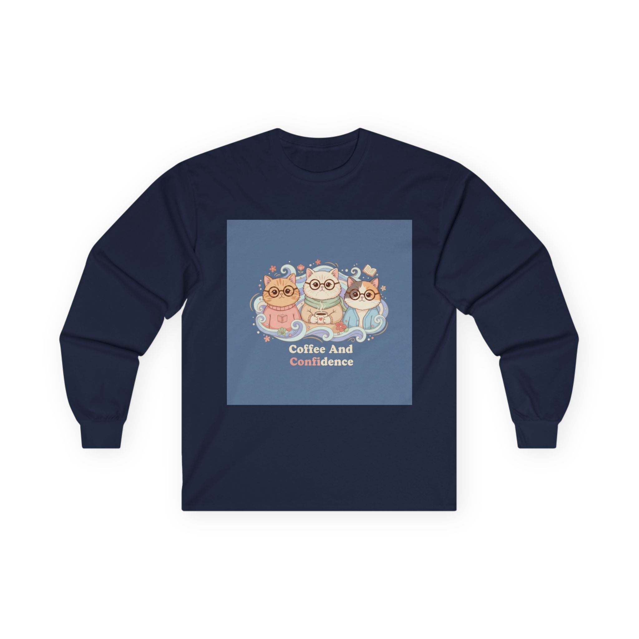 Cats With Glasses Long Sleeve Tee – Coffee and Confidence