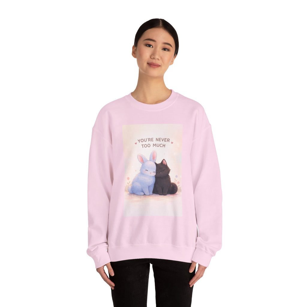 "YOU'RE NEVER TOO MUCH" Black Cat Crewneck | College Girl Gift | Fashion | KayKay Classics