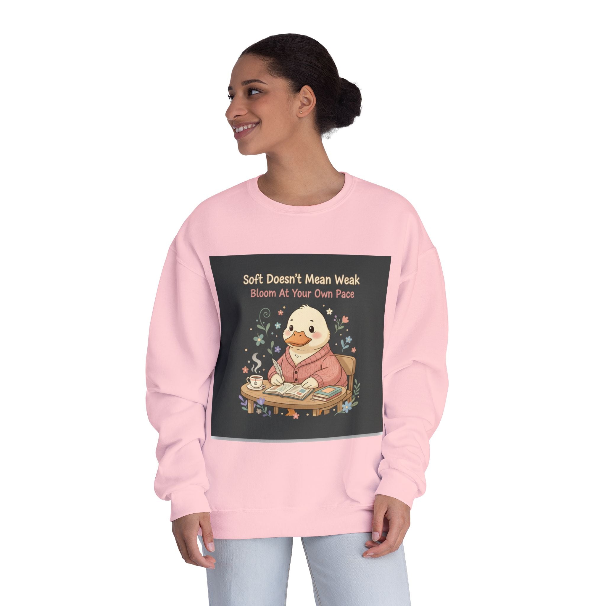 Duck In A Cardigan Crewneck Sweatshirt – Soft Doesnt Mean Weak Bloom at Your Own