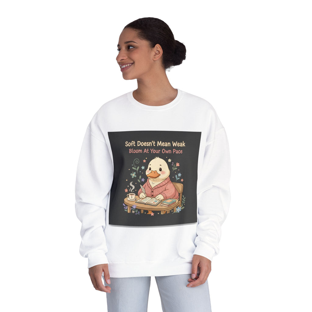 Duck In A Cardigan Crewneck Sweatshirt – Soft Doesnt Mean Weak Bloom at Your Own