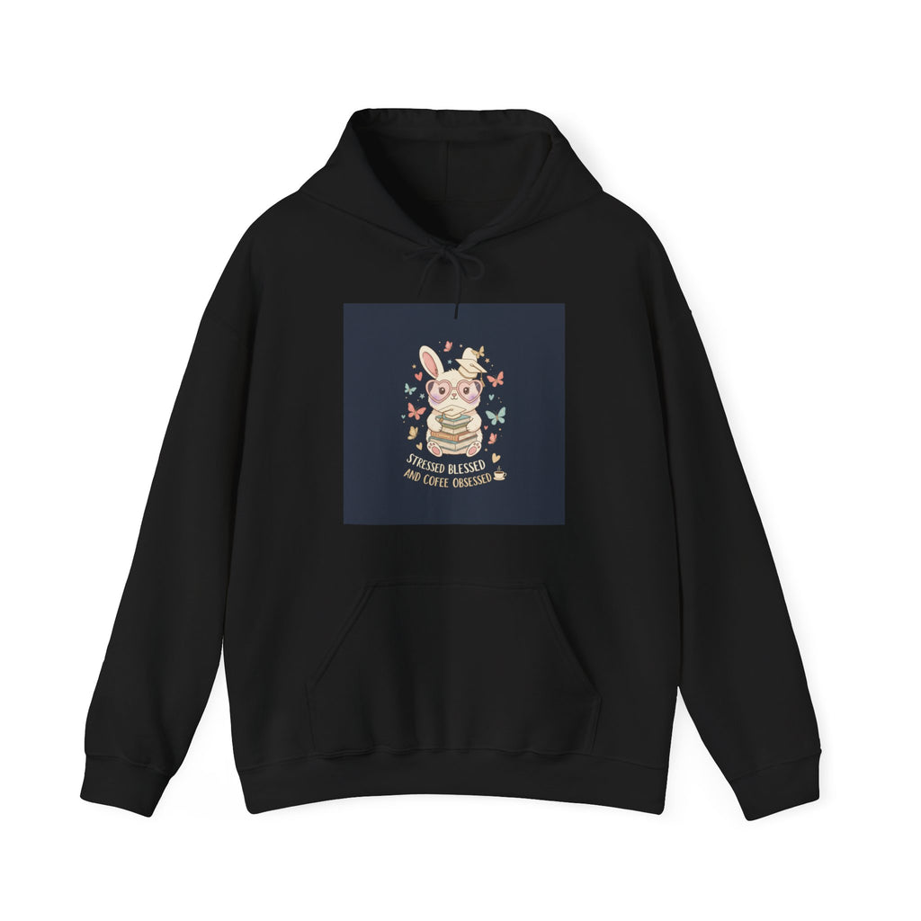 STRESSED BLESSED AND COFFEE OBSESSED Rabbit Hoodie