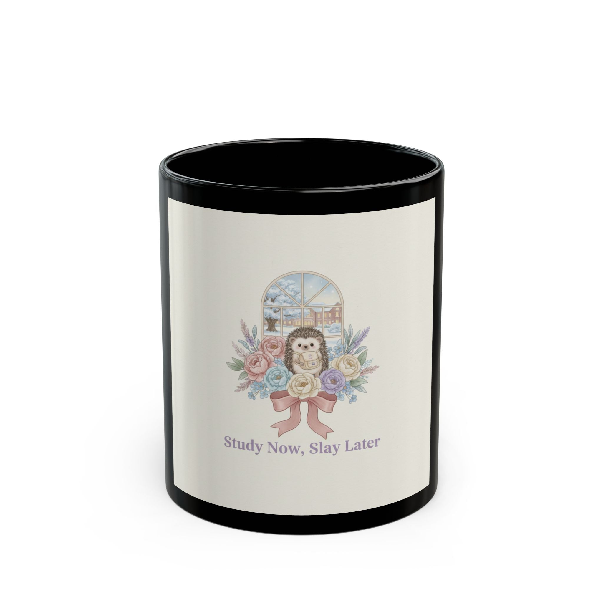 Study Now, Slay Later Hedgehog Black Mug 11oz