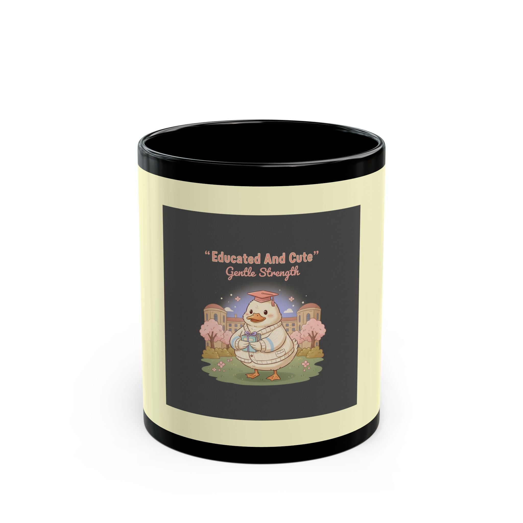 Duck In A Cardigan Black Mug 11oz – Educated and Cute Gentle Strength