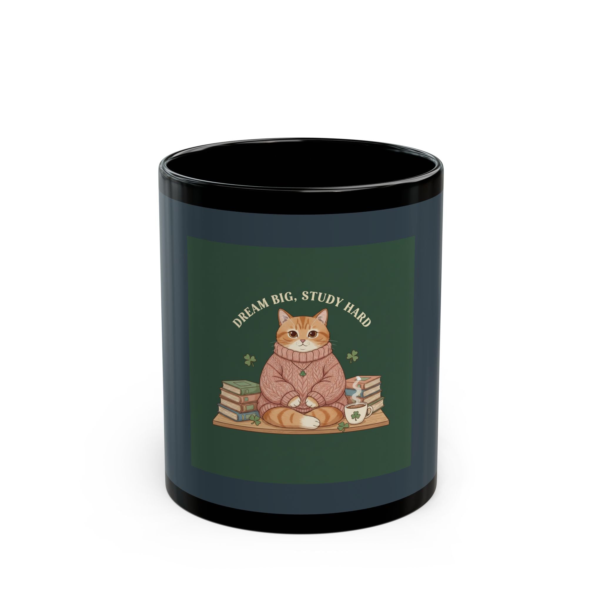 Cat Black Mug 11oz – Dream Big, Study Hard