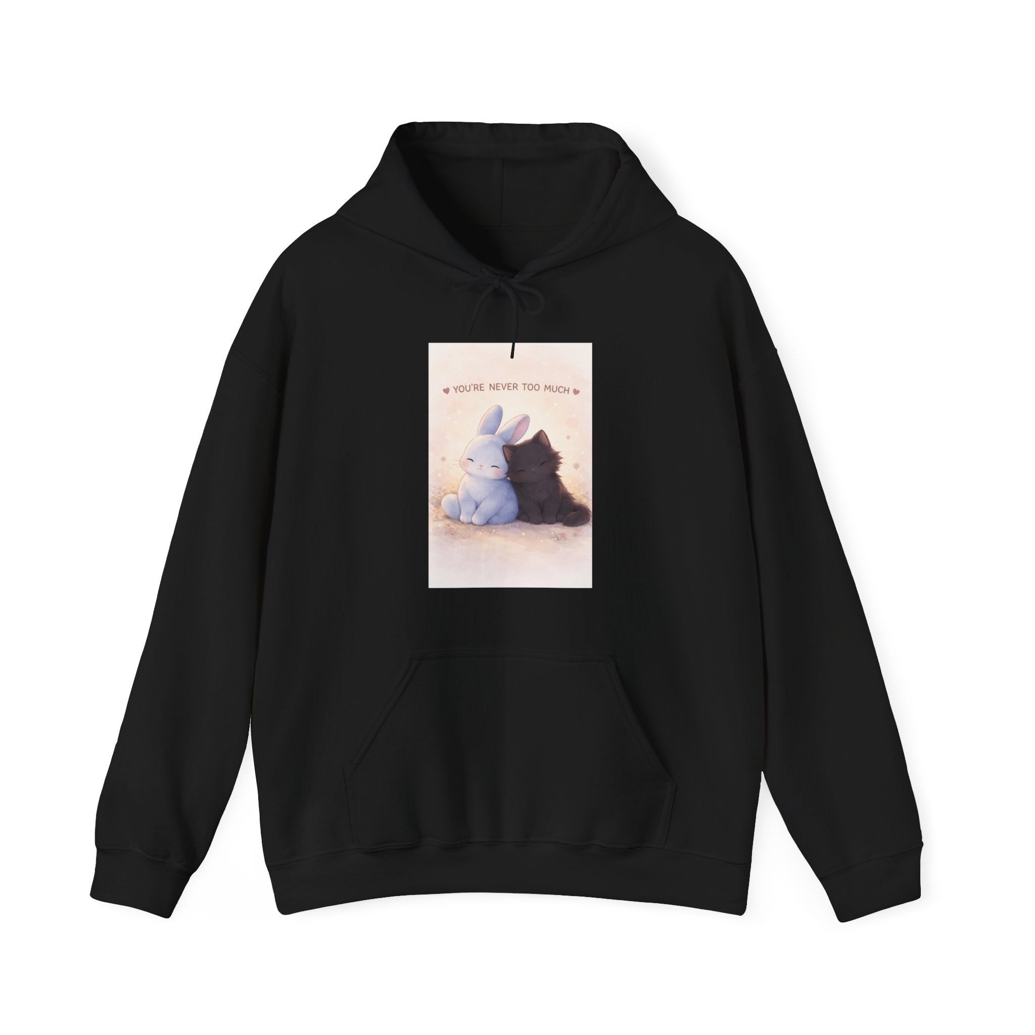 "YOU'RE NEVER TOO MUCH" Black Cat Hoodie | College Girl Gift | Fashion | KayKay Classics