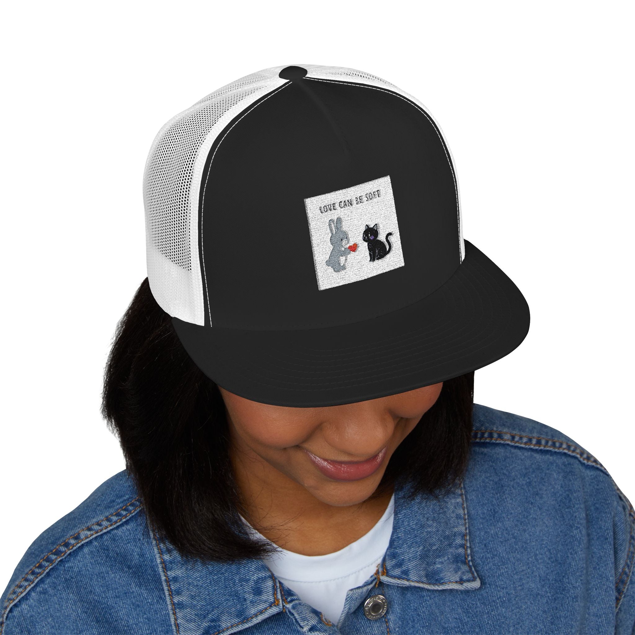 "LOVE CAN BE SOFT" Black Cat Trucker Cap | College Girl Gift | Fashion | KayKay Classics