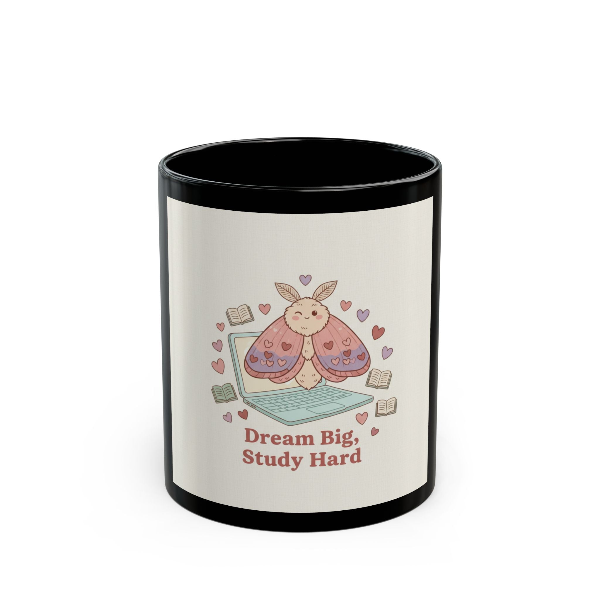 Dream Big, Study Hard Moth Black Mug 11oz