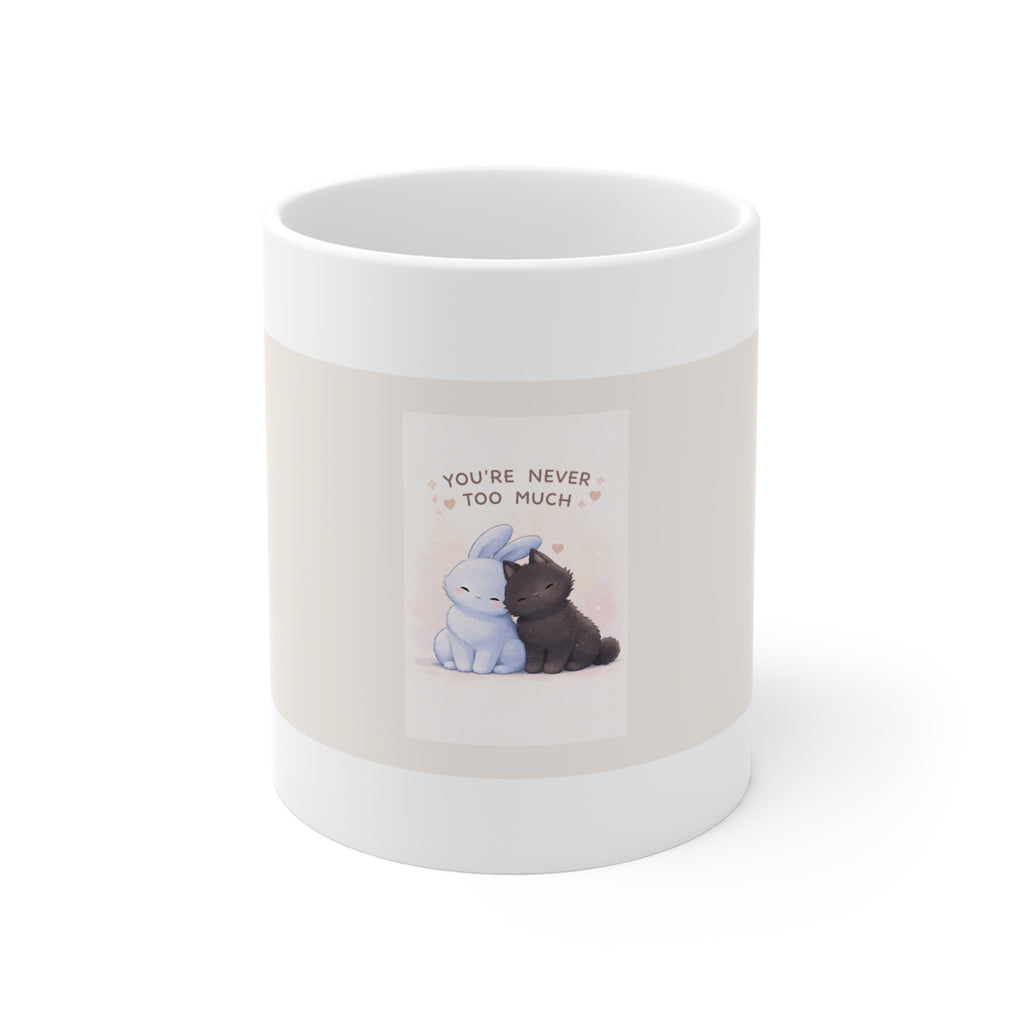 "YOU'RE NEVER TOO MUCH" Black Cat Mug | College Girl Gift | Fashion | KayKay Classics