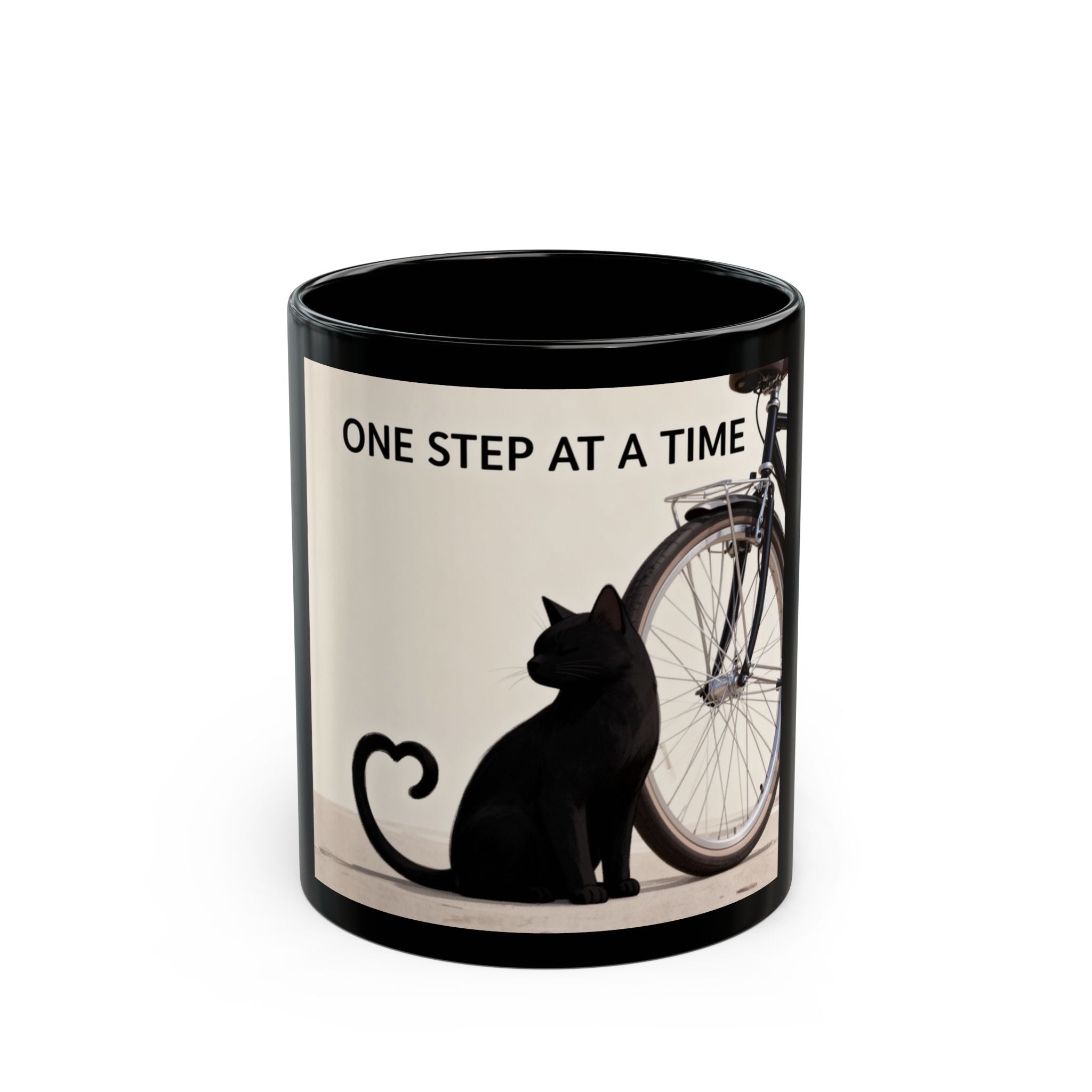 ONE STEP AT A TIME Cat Black Mug 11oz