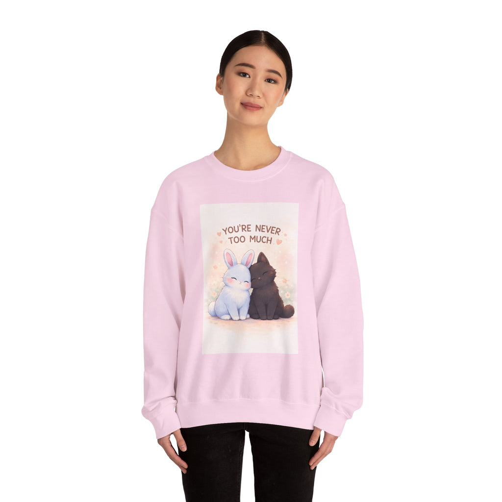 "YOU'RE NEVER TOO MUCH" Black Cat Crewneck | College Girl Gift | Fashion | KayKay Classics