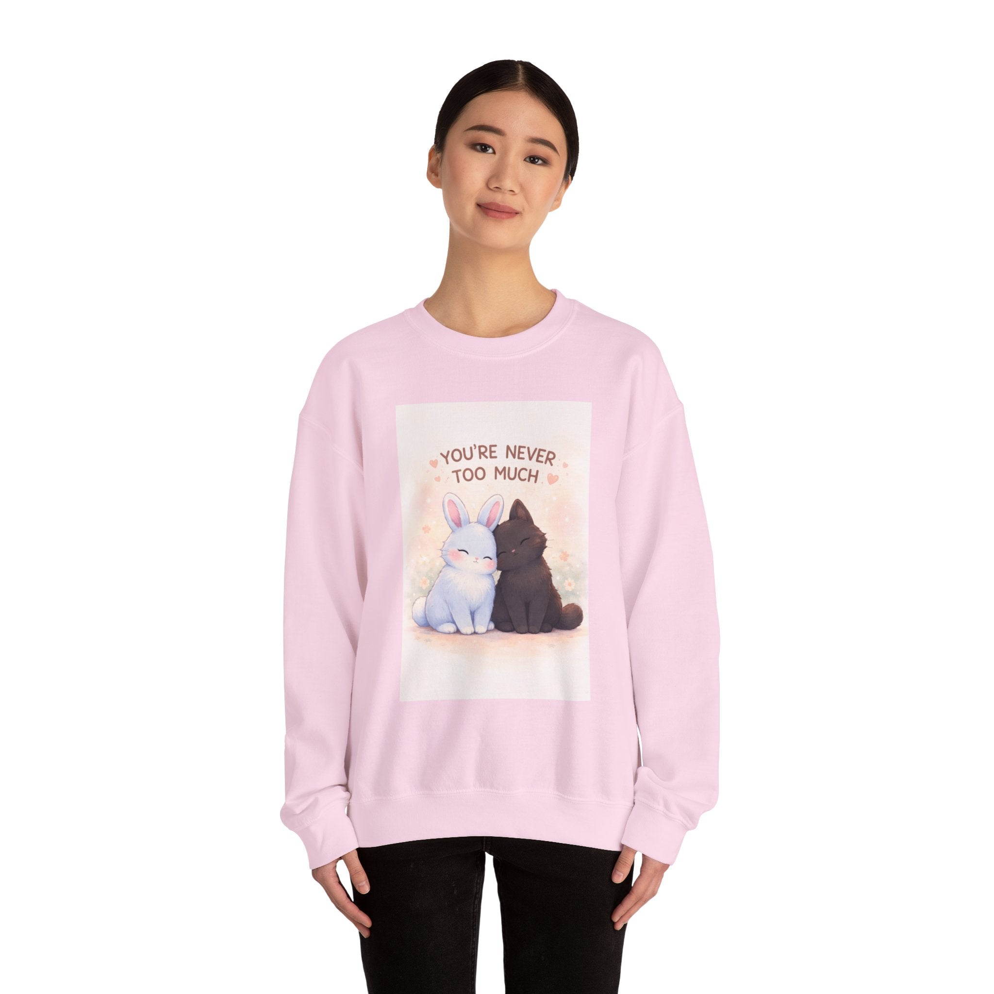 "YOU'RE NEVER TOO MUCH" Black Cat Crewneck | College Girl Gift | Fashion | KayKay Classics