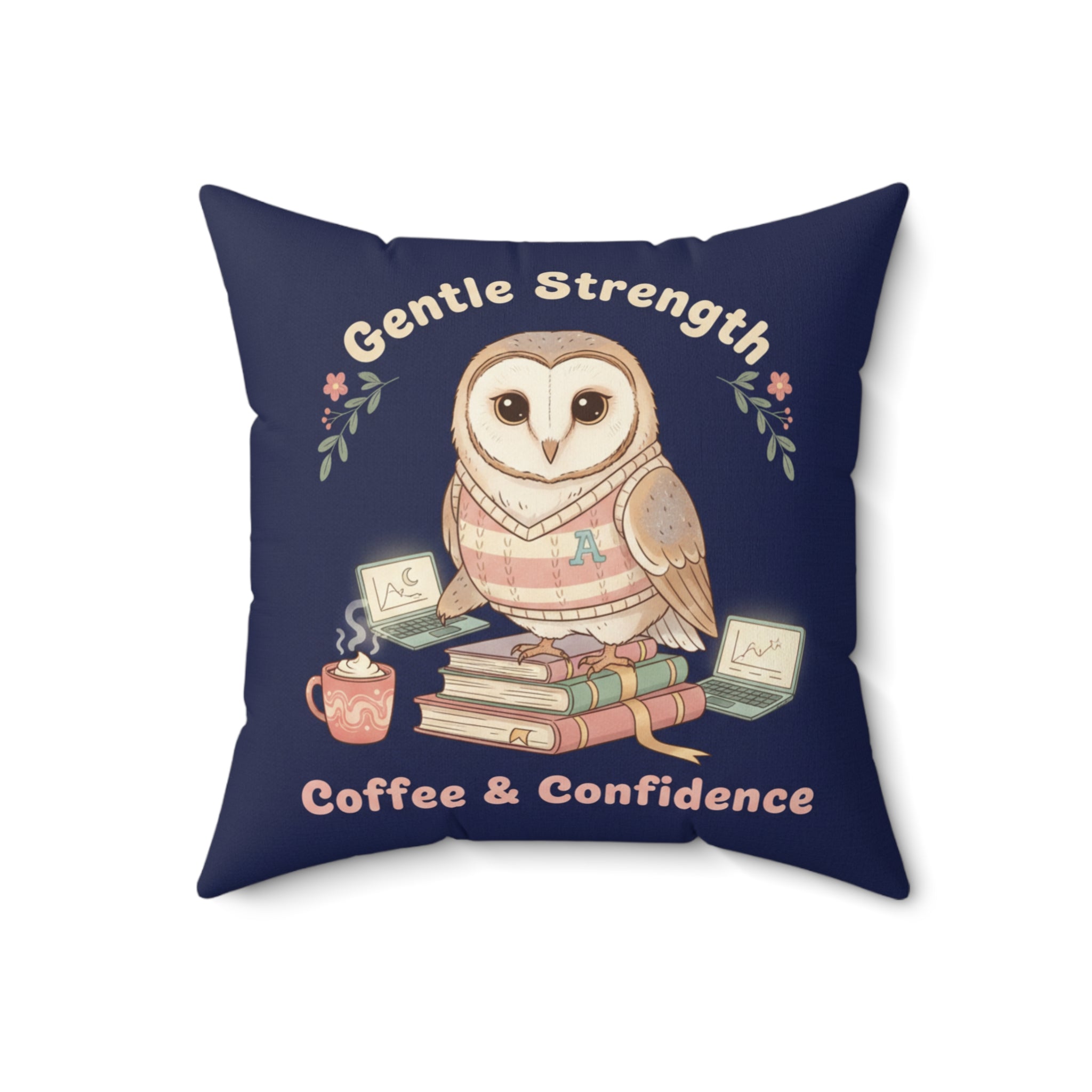 Owl Square Pillow – Gentle Strength Coffee Confidence
