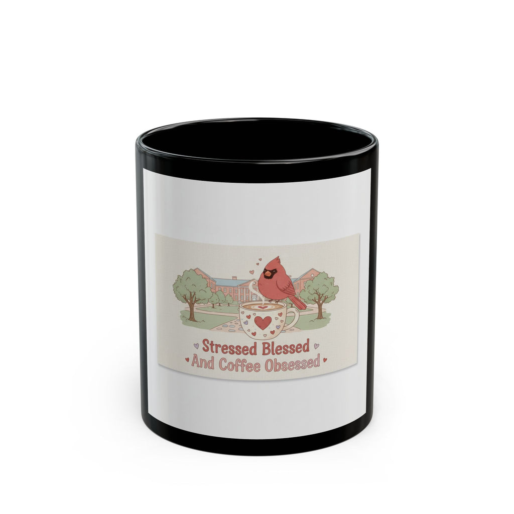 Stressed Blessed And Coffee Obsessed Cardinal Black Mug 11oz