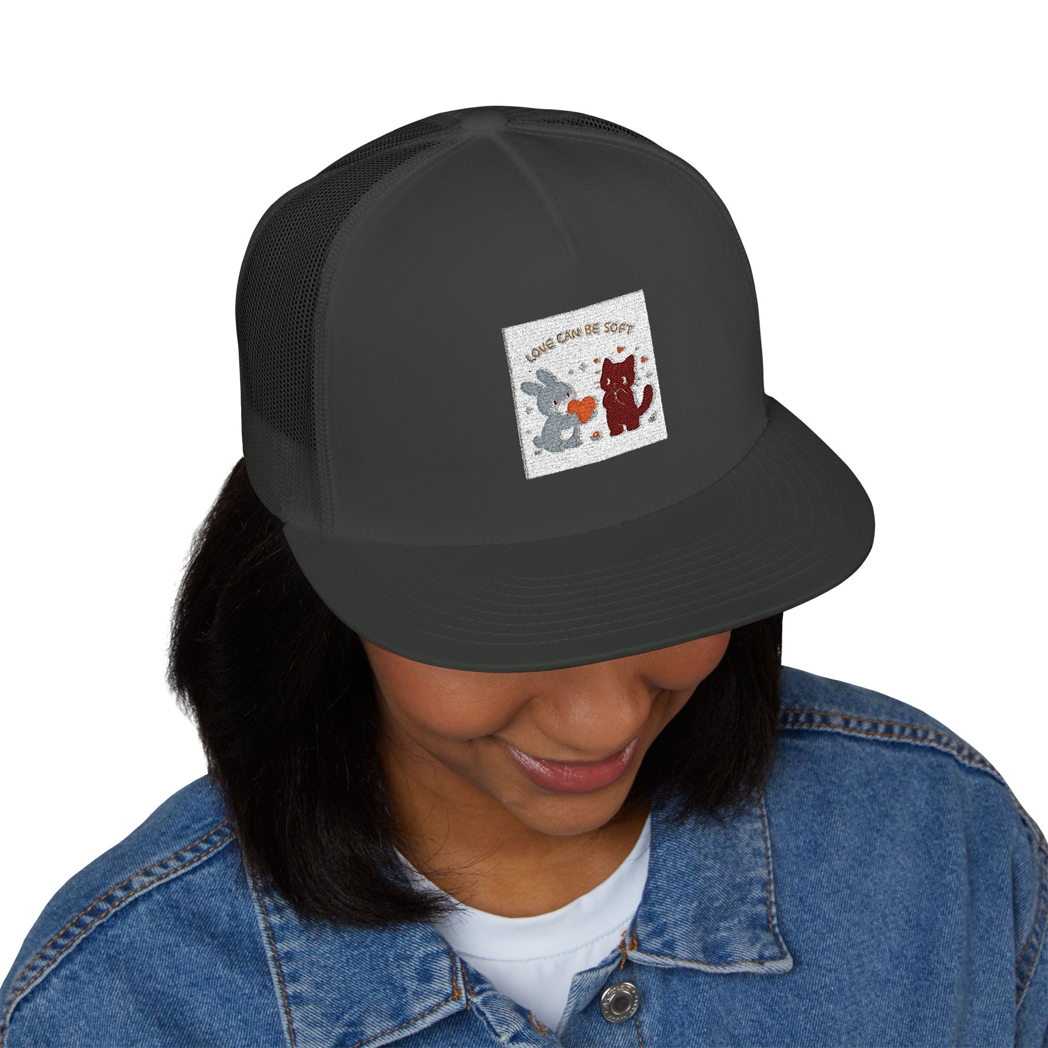 "LOVE CAN BE SOFT" Black Cat Trucker Cap | College Girl Gift | Fashion | KayKay Classics