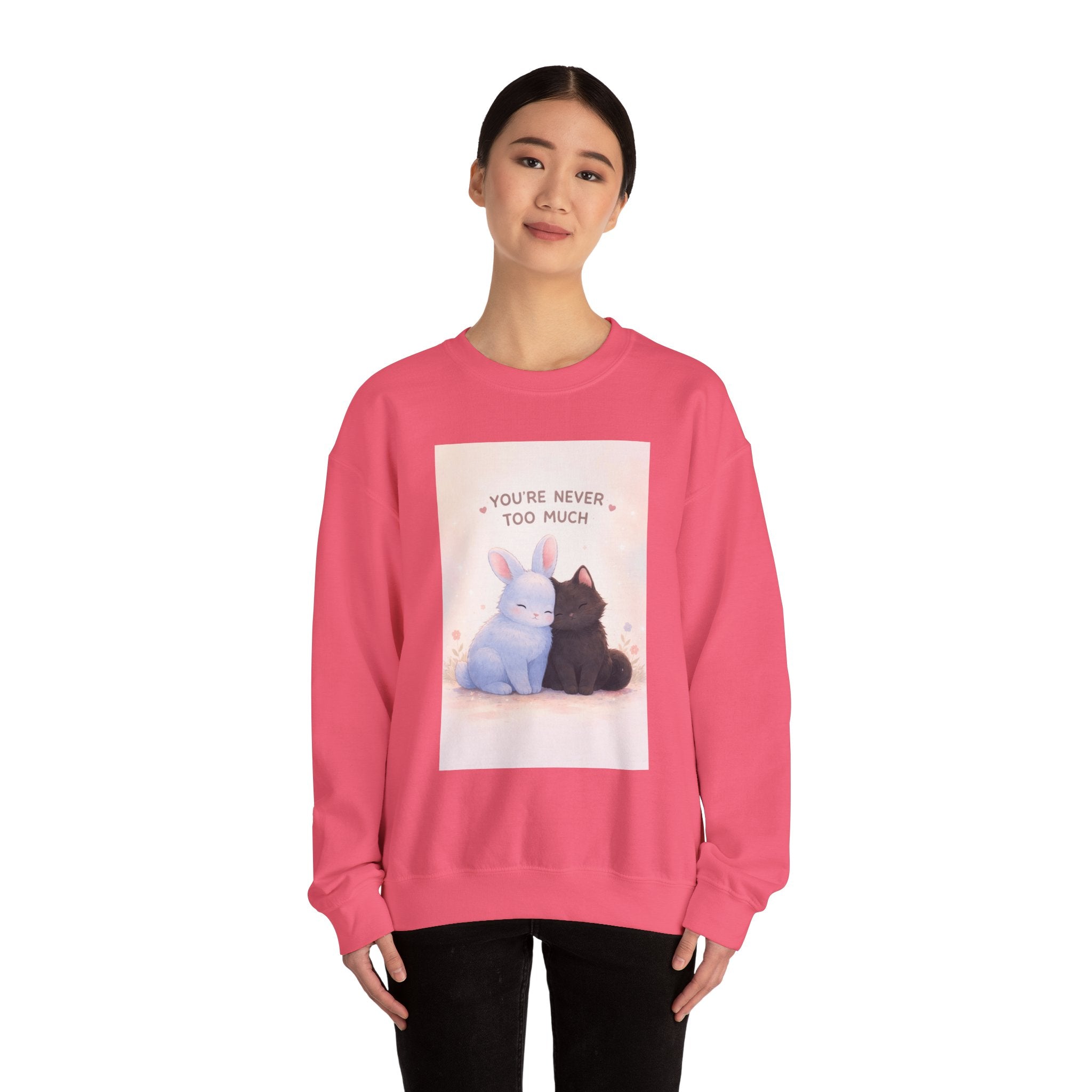 "YOU'RE NEVER TOO MUCH" Black Cat Crewneck | College Girl Gift | Fashion | KayKay Classics