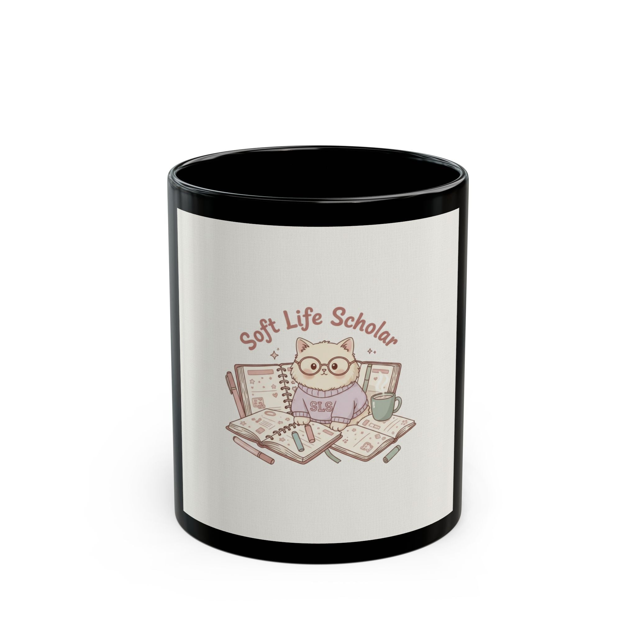 Soft Life Scholar Cat Black Mug 11oz