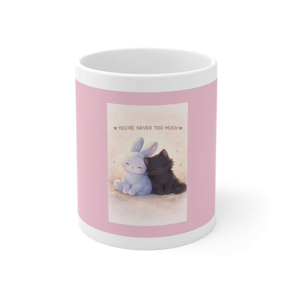 "YOU'RE NEVER TOO MUCH" Black Cat Mug | College Girl Gift | Fashion | KayKay Classics