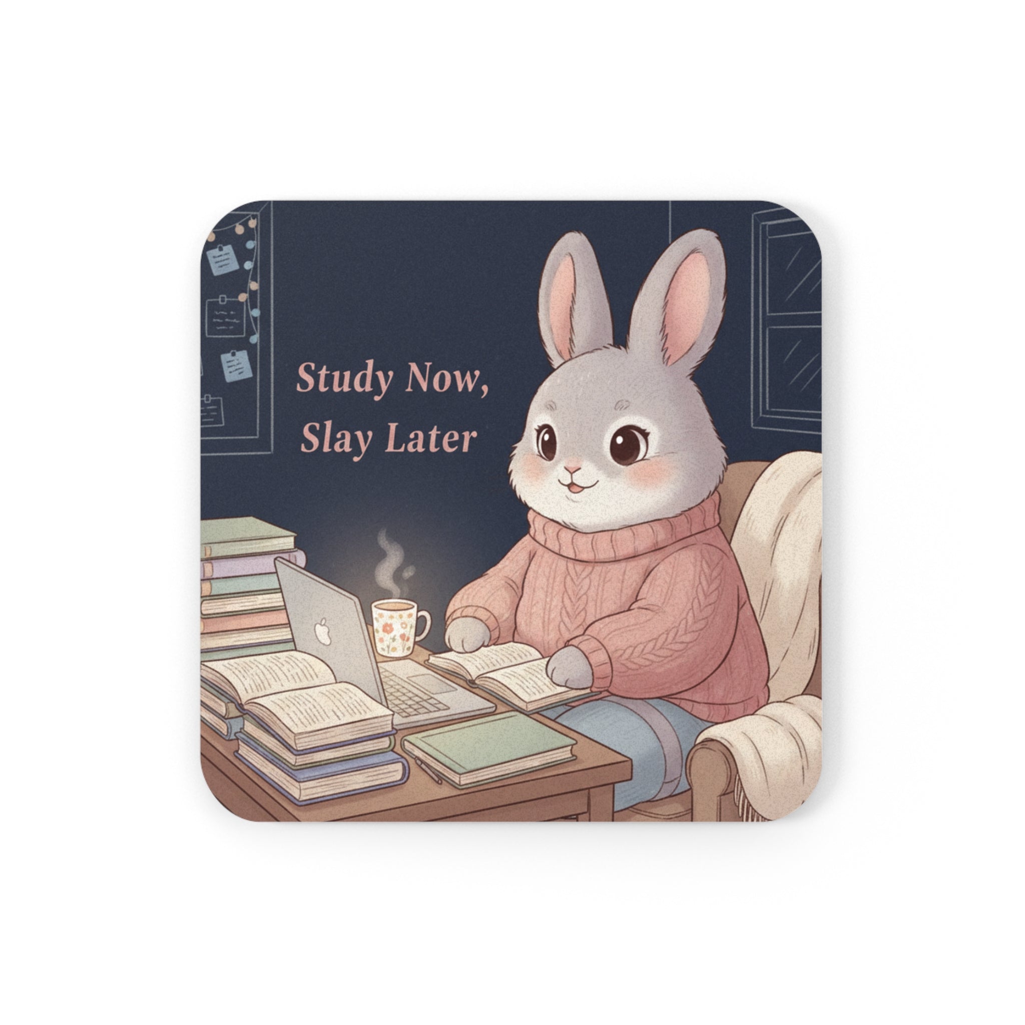 Rabbit Cork Coaster – Study Now, Slay Later