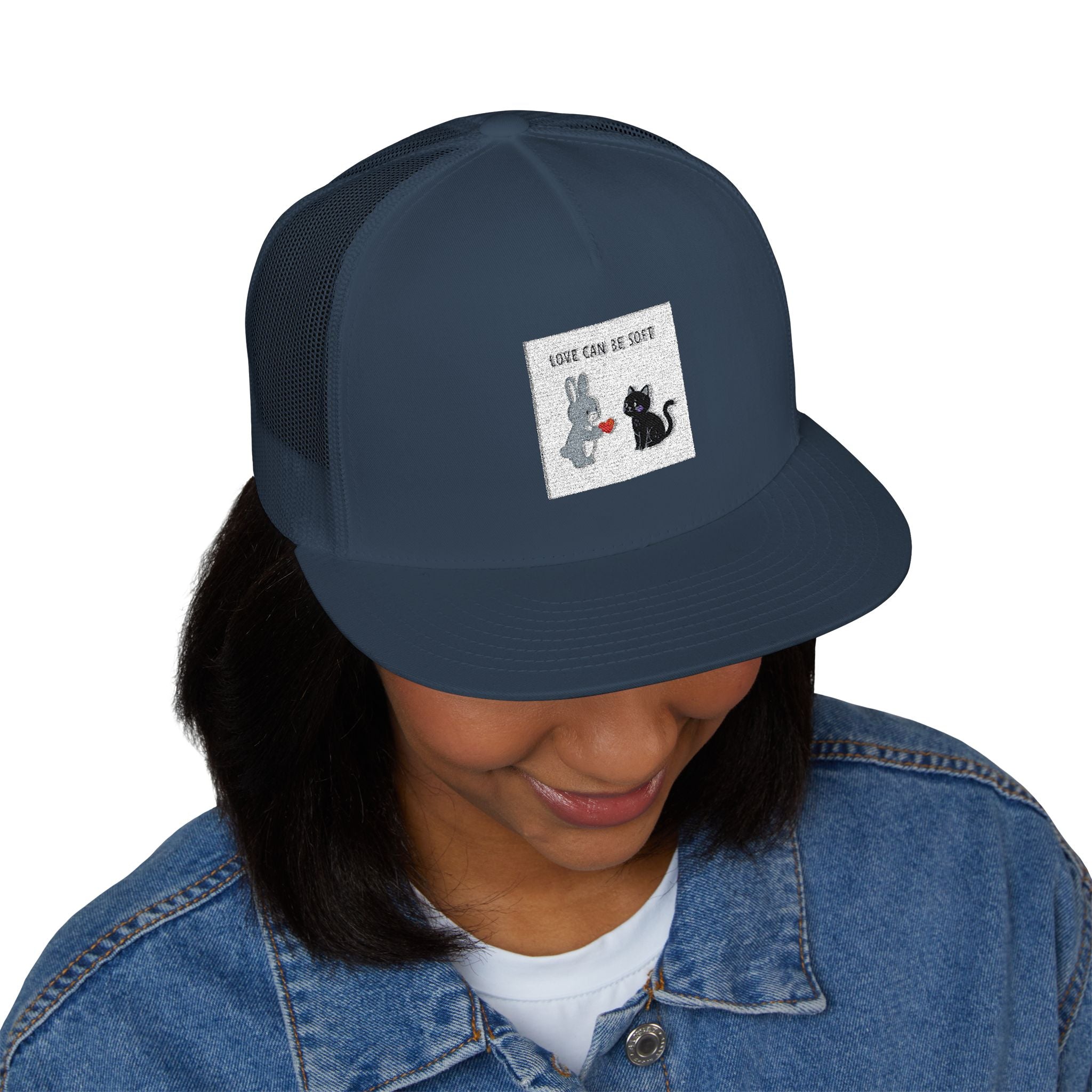 "LOVE CAN BE SOFT" Black Cat Trucker Cap | College Girl Gift | Fashion | KayKay Classics