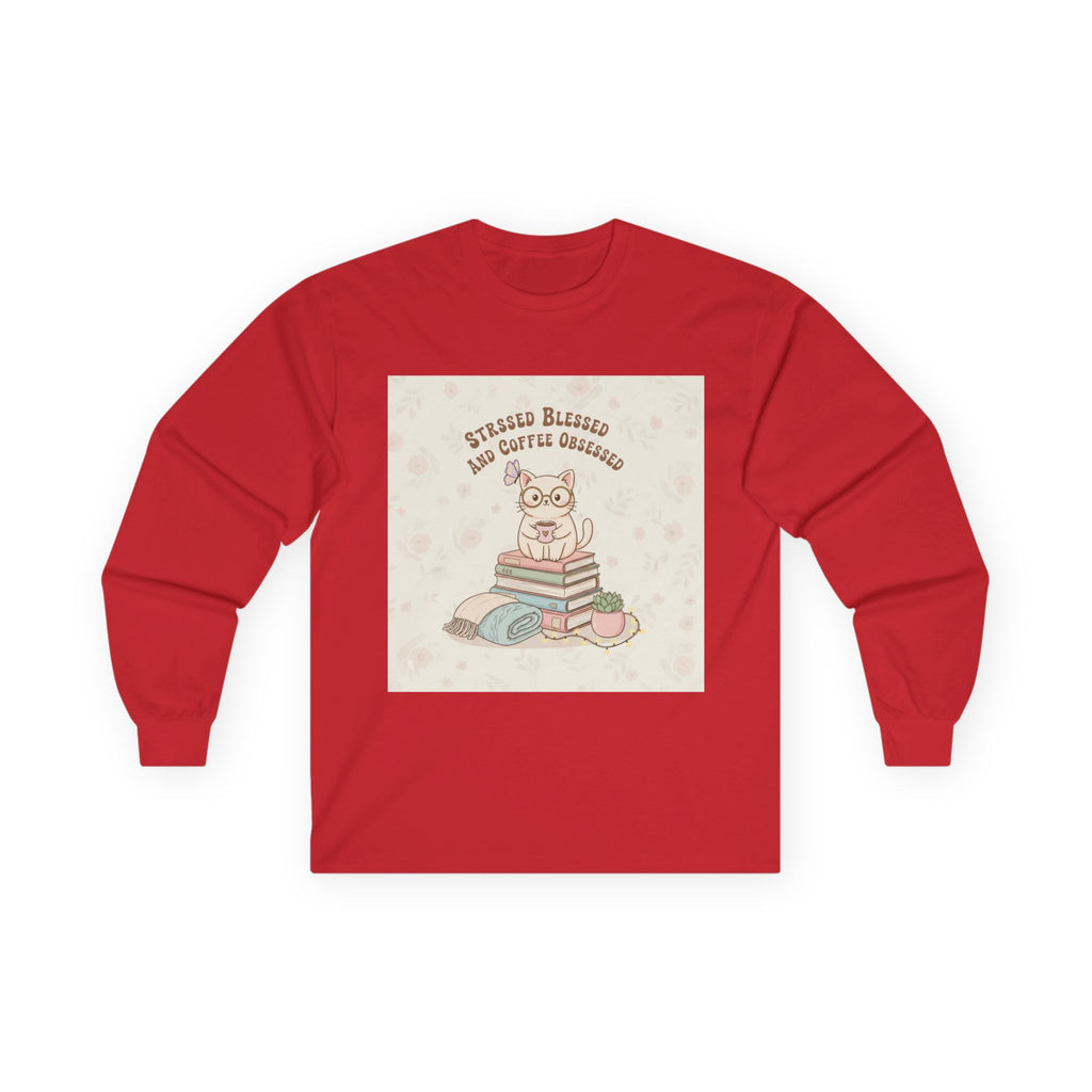 STRESSED BLESSED AND COFFEE OBSESSED Cat Long Sleeve Tee