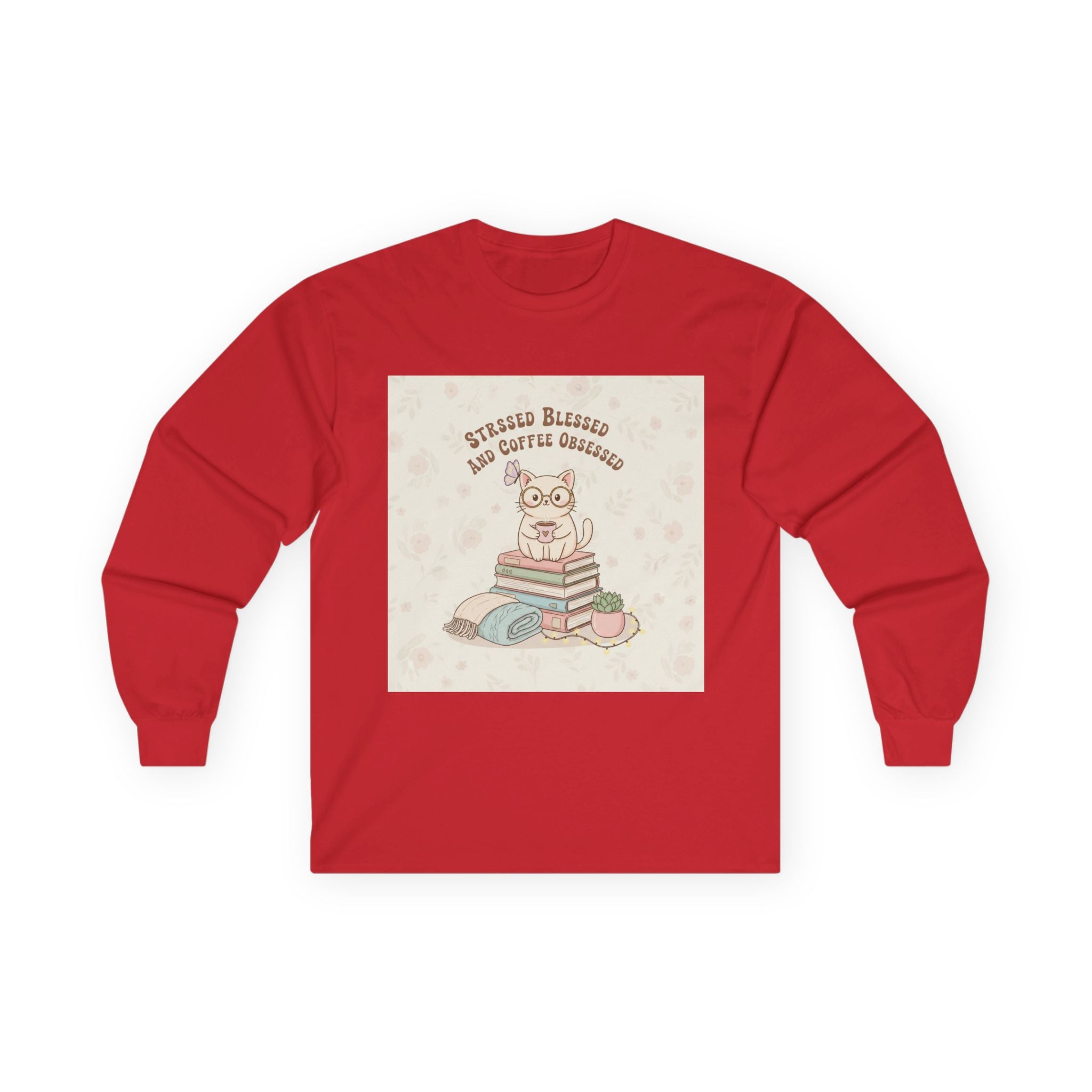 STRESSED BLESSED AND COFFEE OBSESSED Cat Long Sleeve Tee