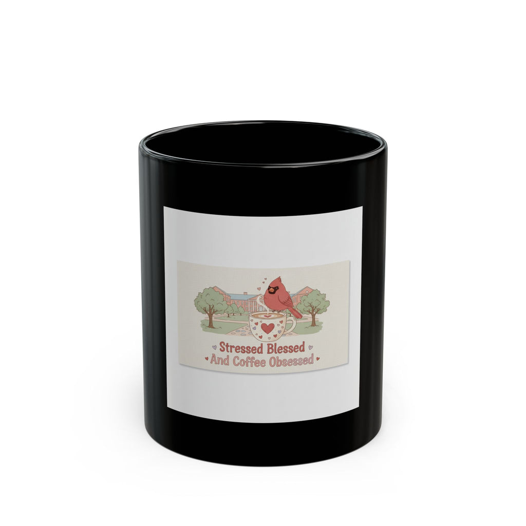 Stressed Blessed And Coffee Obsessed Cardinal Black Mug 11oz