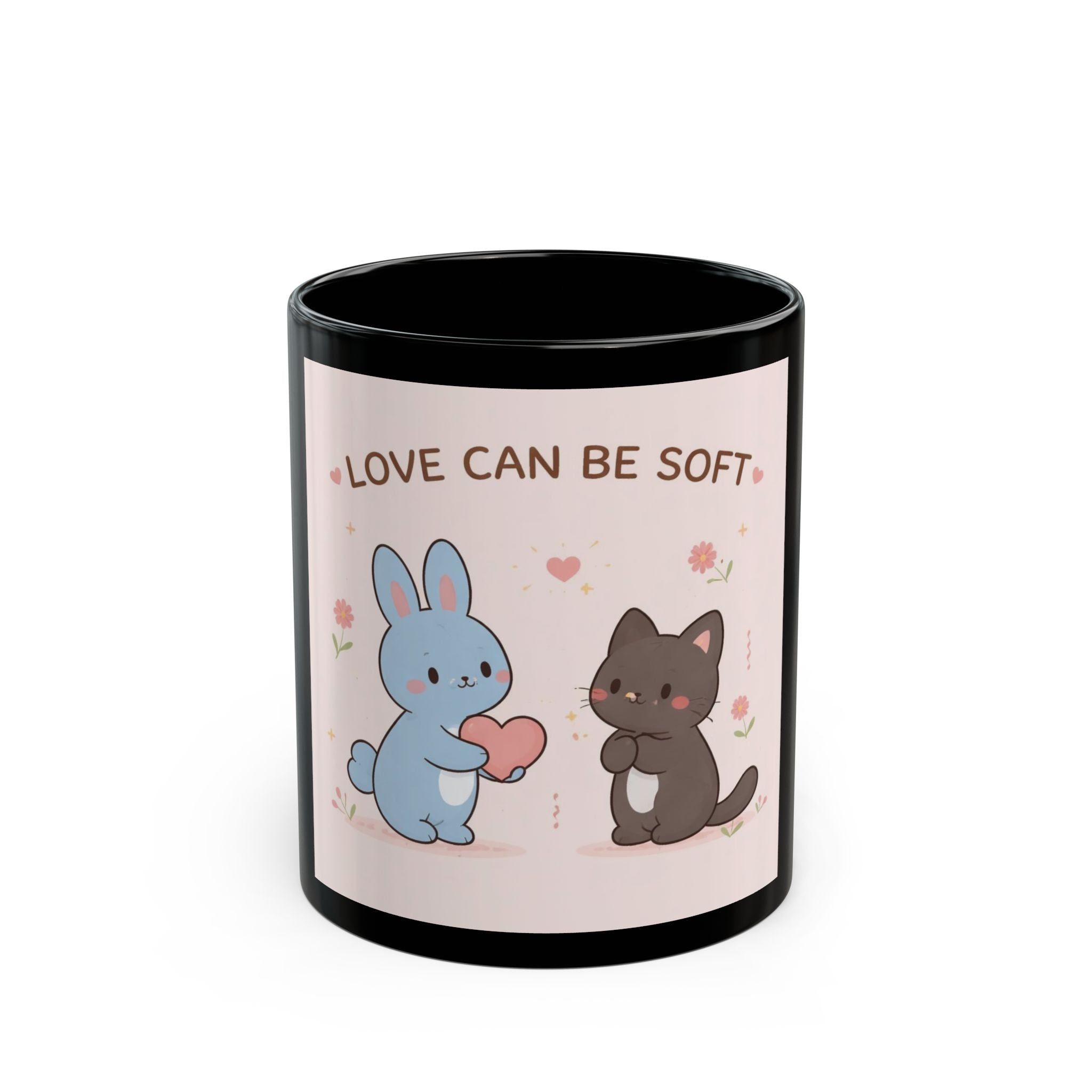 LOVE CAN BE SOFT Rabbit, cat Black Mug 11oz