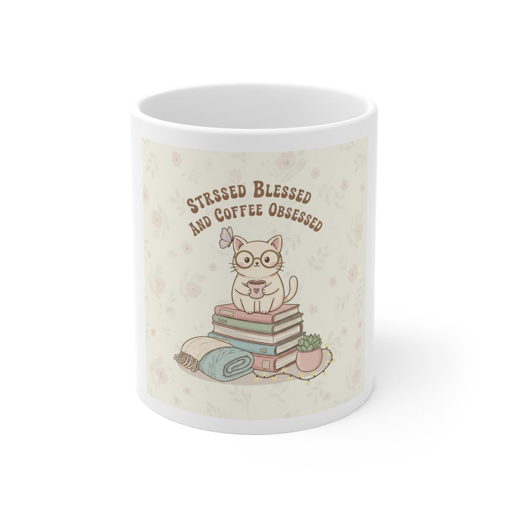 STRESSED BLESSED AND COFFEE OBSESSED Cat Mug 11oz