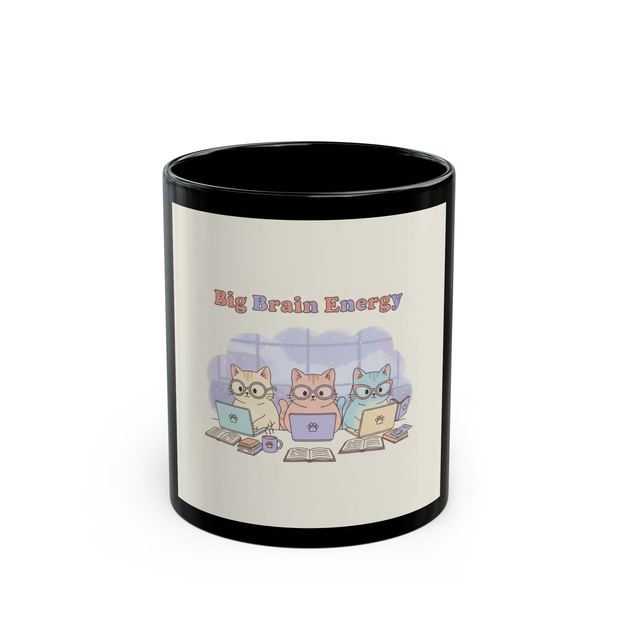 Big Brain Energy Cats Black Mug 11oz