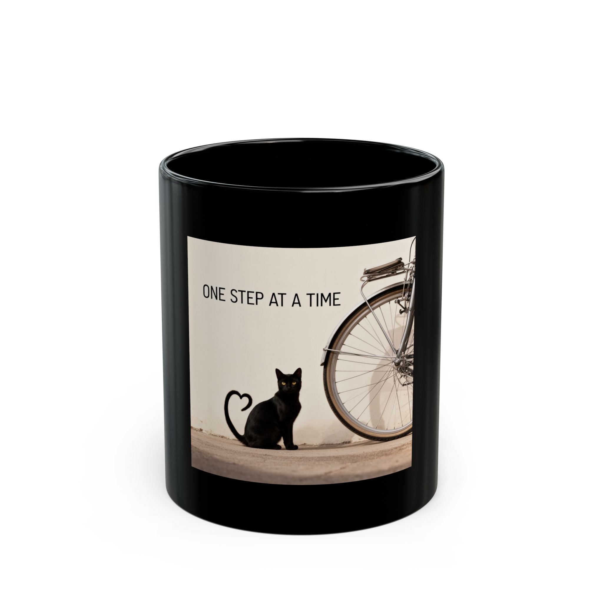 ONE STEP AT A TIME Cat Black Mug 11oz