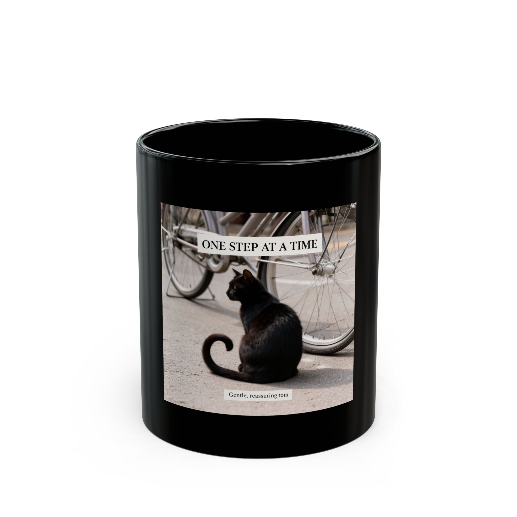 ONE STEP AT A TIME Cat Black Mug 11oz