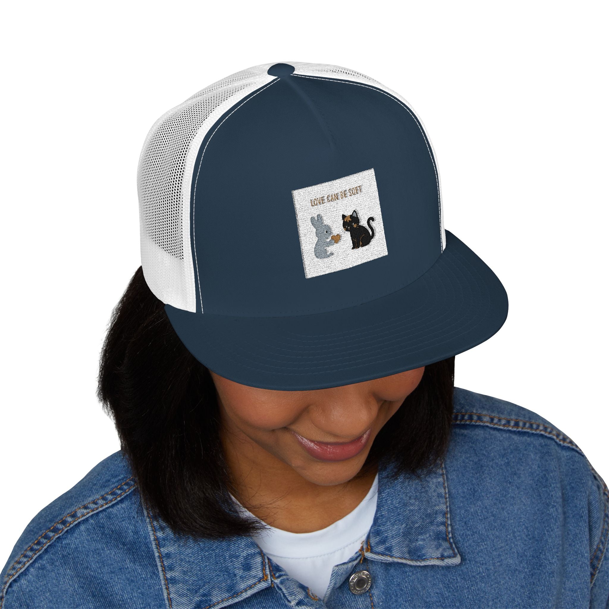 "LOVE CAN BE SOFT" Black Cat Trucker Cap | College Girl Gift | Fashion | KayKay Classics