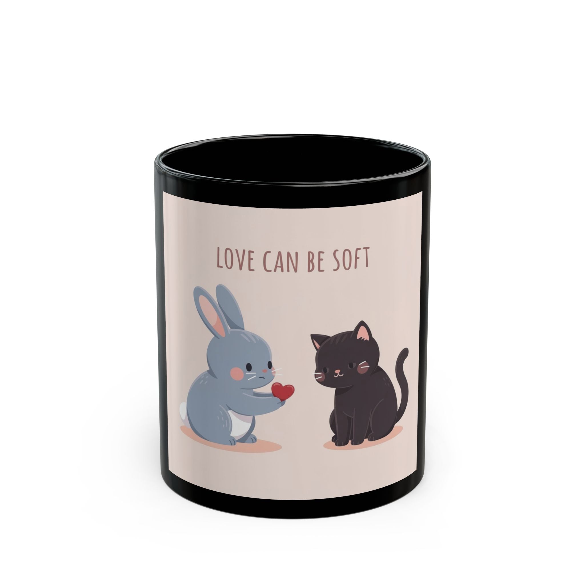 LOVE CAN BE SOFT Rabbit, cat Black Mug 11oz
