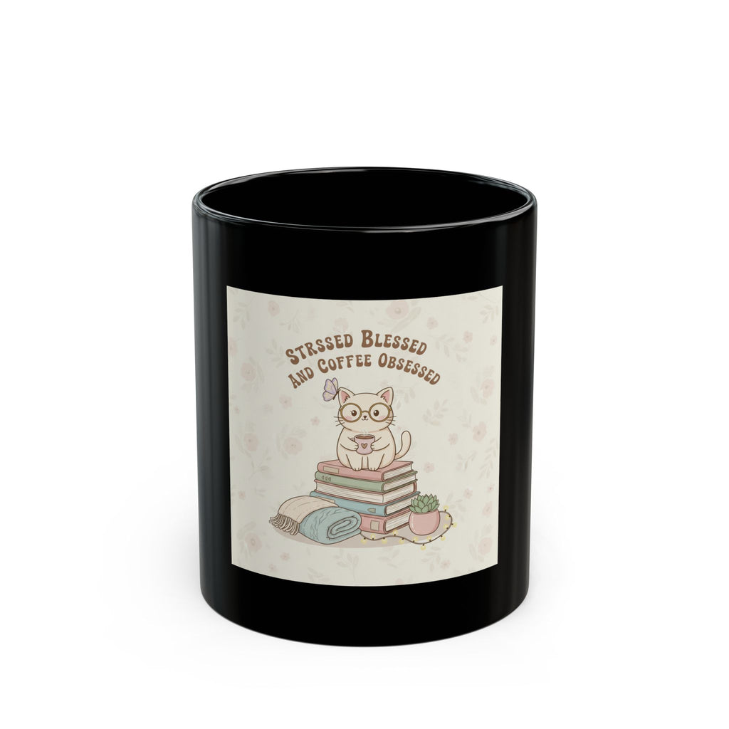 STRESSED BLESSED AND COFFEE OBSESSED Cat Black Mug 11oz