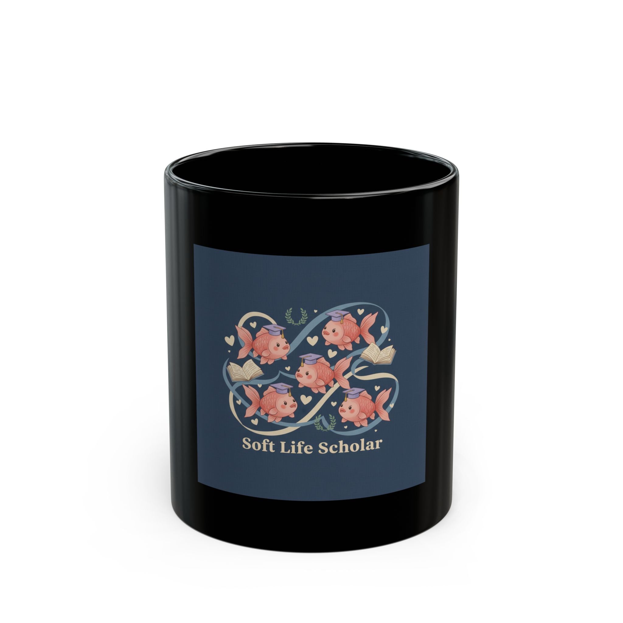 Soft Life Scholar Goldfish Black Mug 11oz
