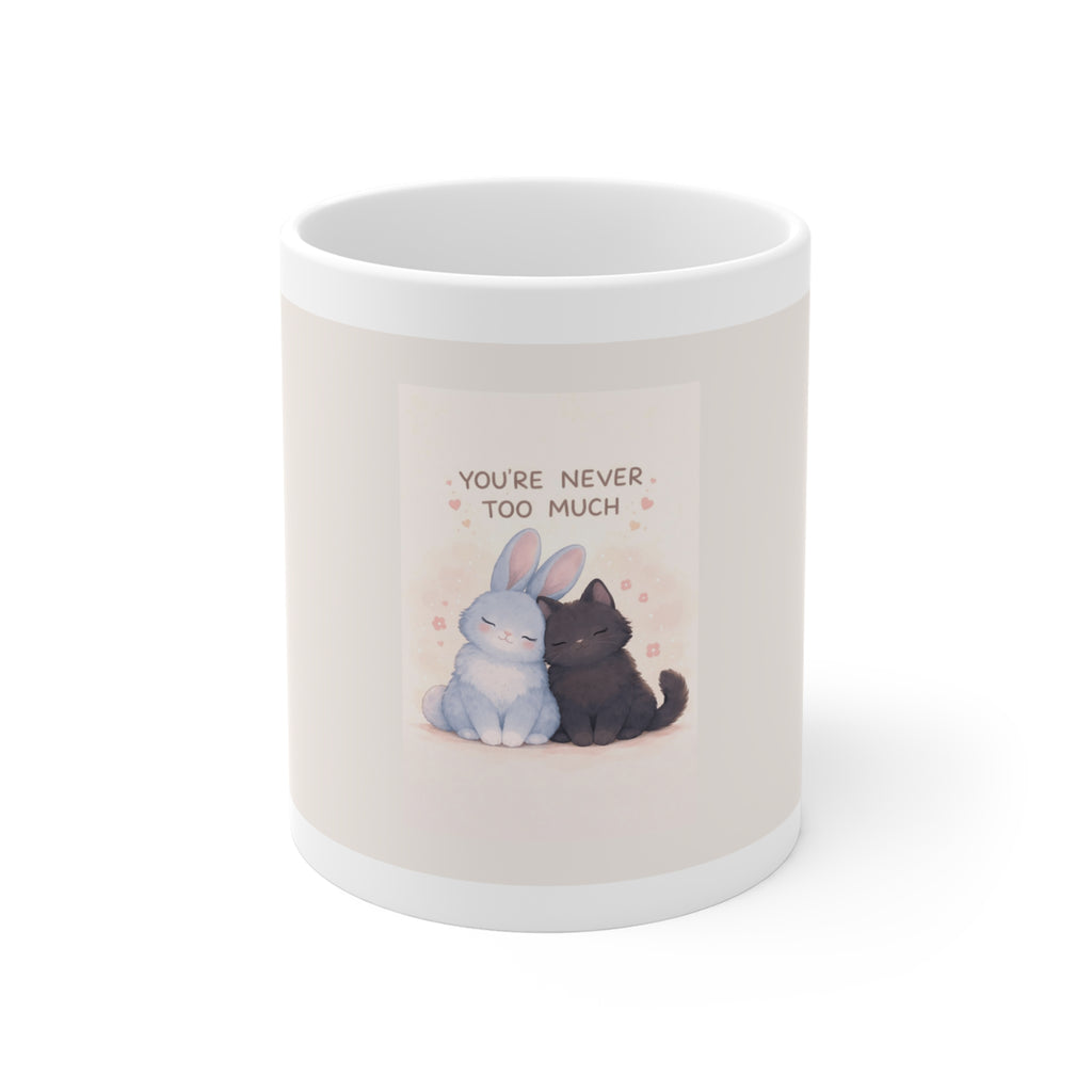 "YOU'RE NEVER TOO MUCH" Black Cat Mug | College Girl Gift | Fashion | KayKay Classics