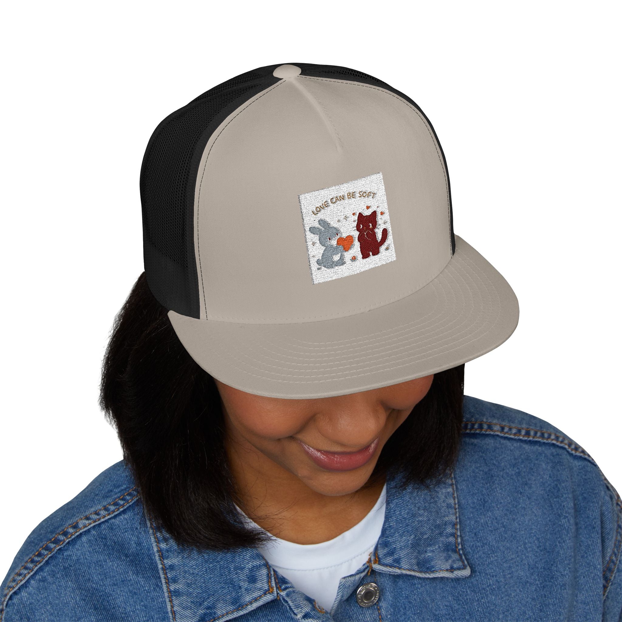 "LOVE CAN BE SOFT" Black Cat Trucker Cap | College Girl Gift | Fashion | KayKay Classics