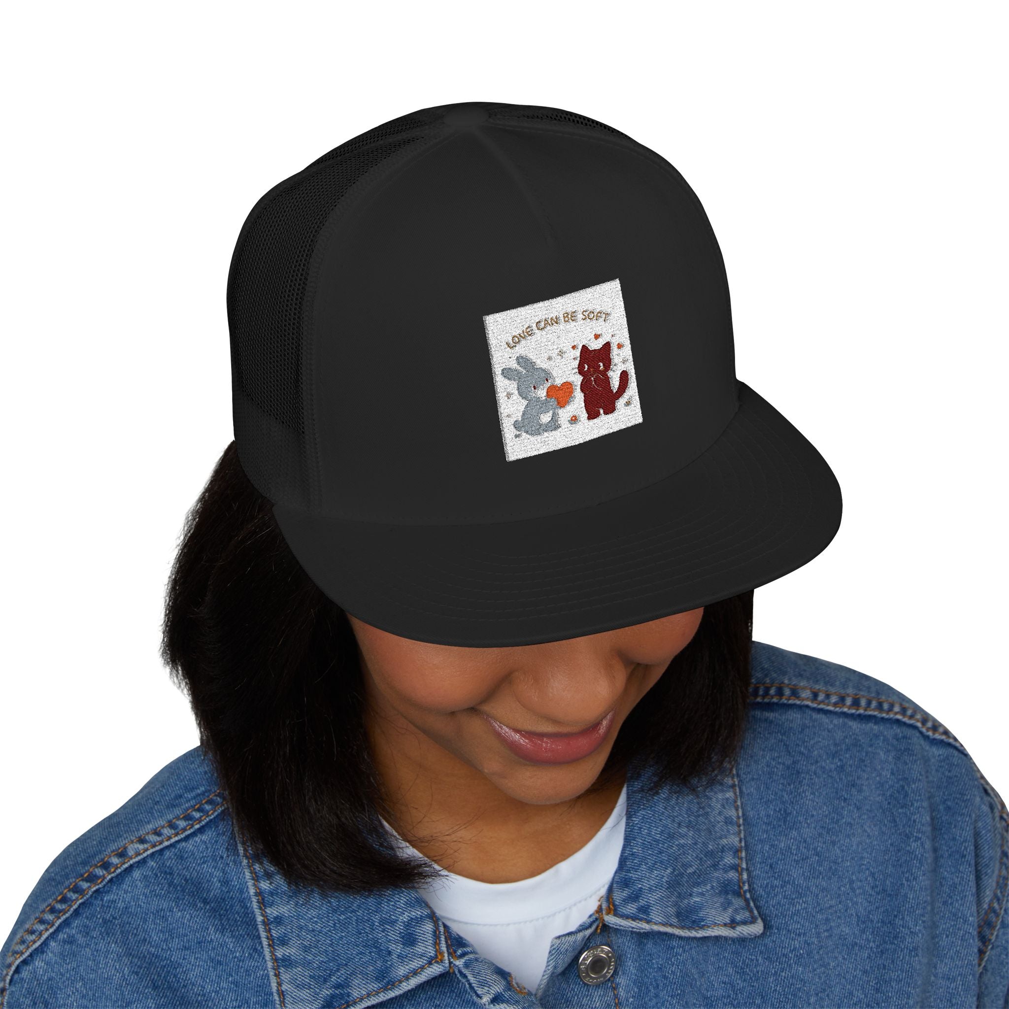 "LOVE CAN BE SOFT" Black Cat Trucker Cap | College Girl Gift | Fashion | KayKay Classics