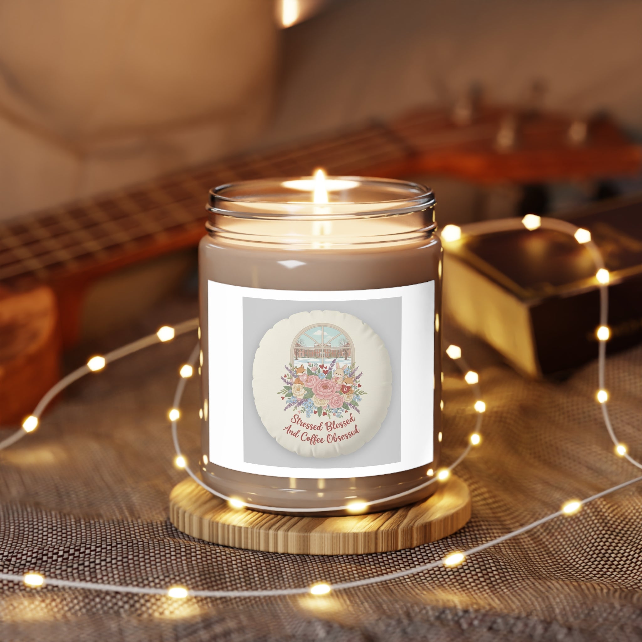 Stressed Blessed And Coffee Obsessed Fox, rabbit Scented Candle