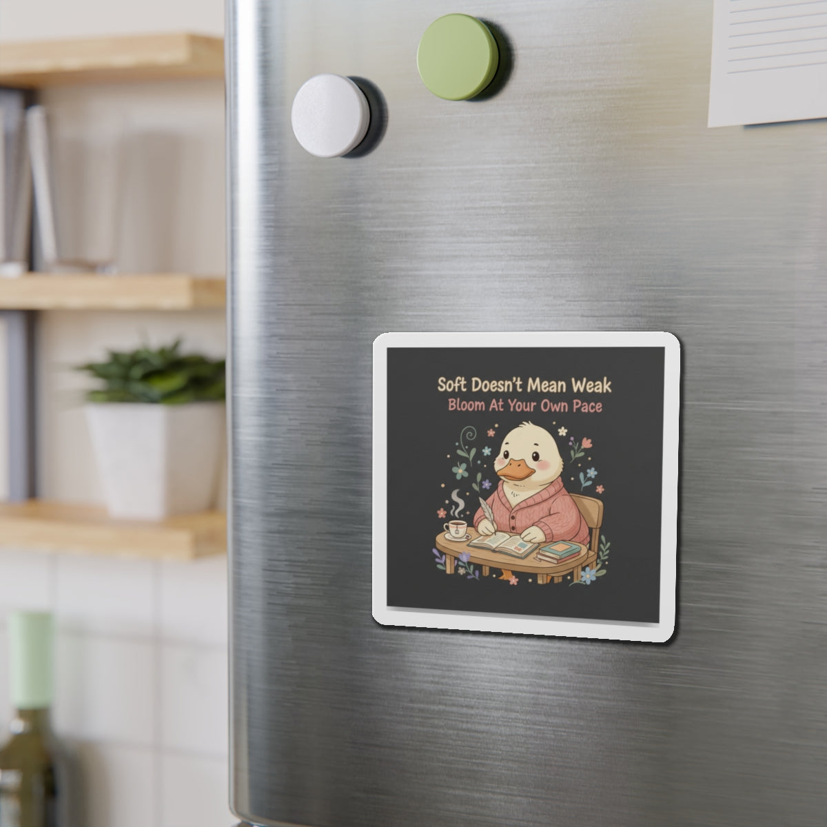 Duck In A Cardigan Die-Cut Magnet – Soft Doesnt Mean Weak Bloom at Your Own