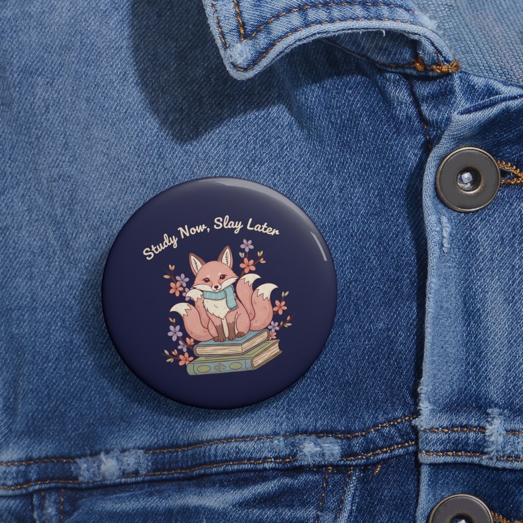 Kitsune Pin Button – Study Now Slay Later