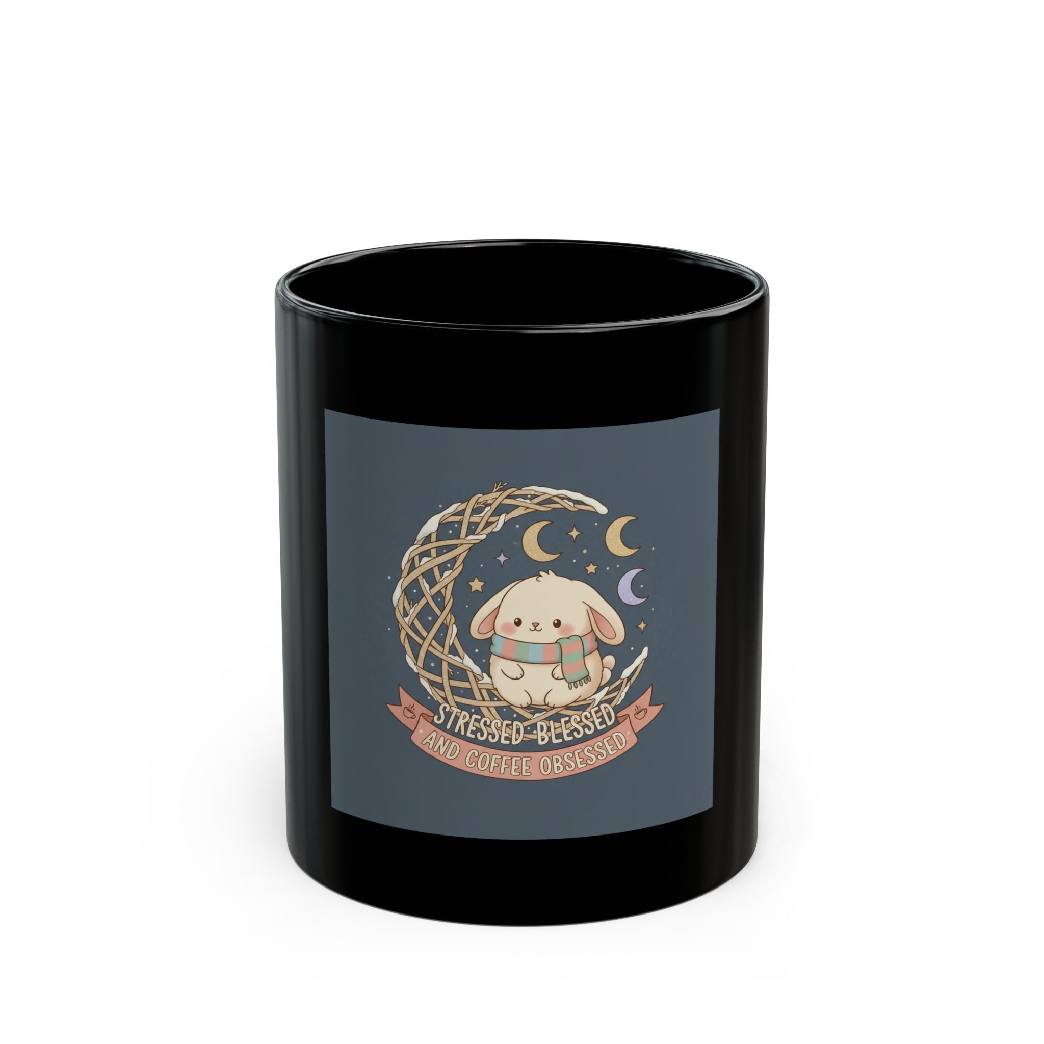 Stressed Blessed and Coffee Obsessed Black Mug 11oz
