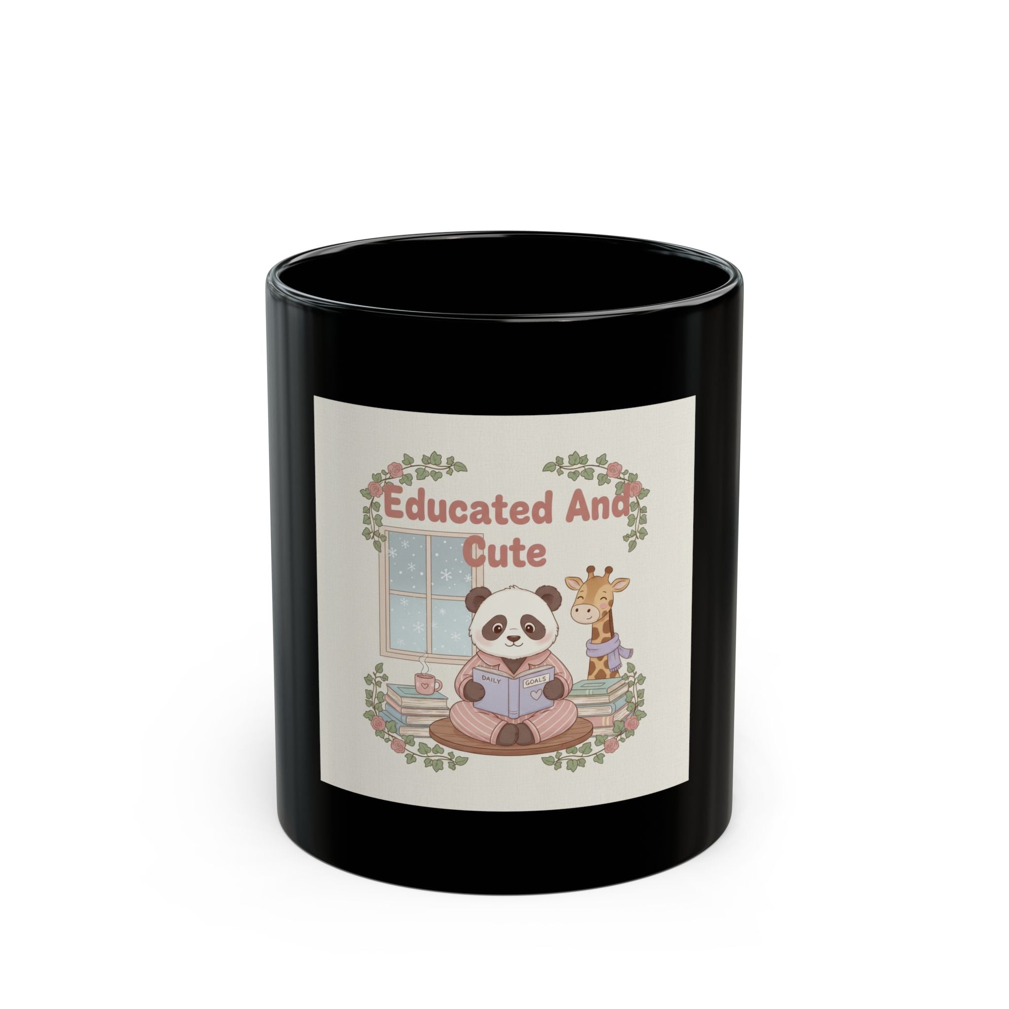 Educated And Cute Panda, giraffe Black Mug 11oz