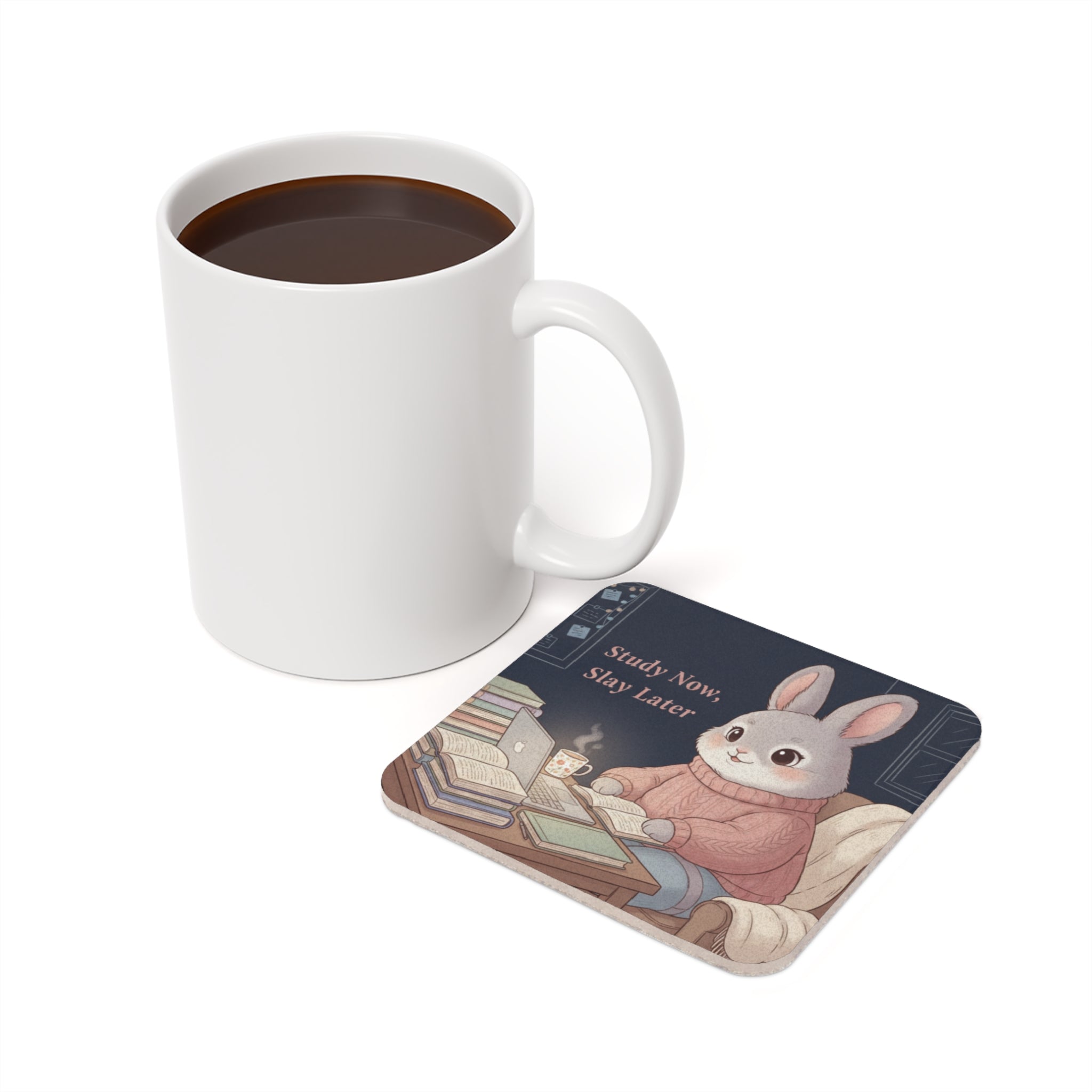 Rabbit Cork Coaster – Study Now, Slay Later